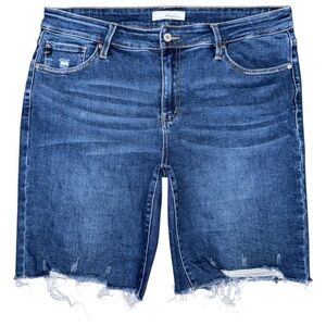 KanCan Dockweiler Mid Rise Bermuda Shorts 33 Dark Wash Stretch Denim Distressed